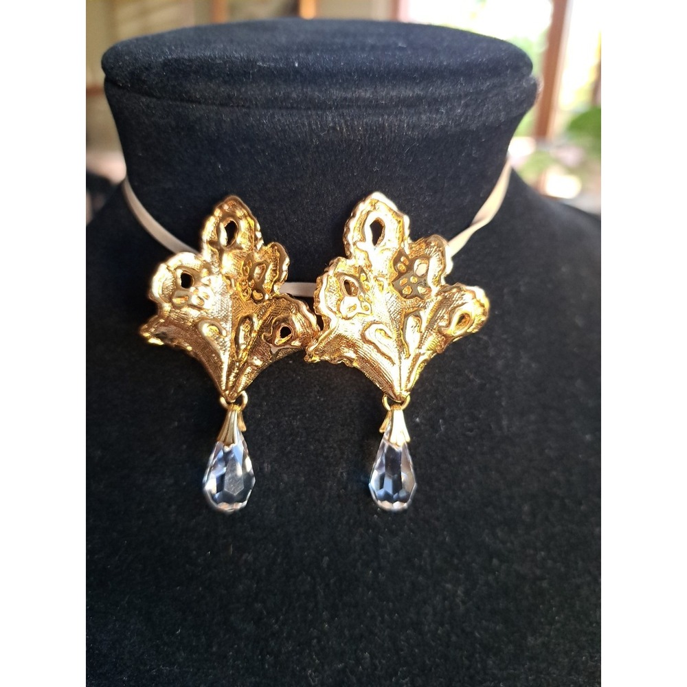Vintage Goldtone Clip On Earrings "W" Mark Dangle Crystal 2.25"